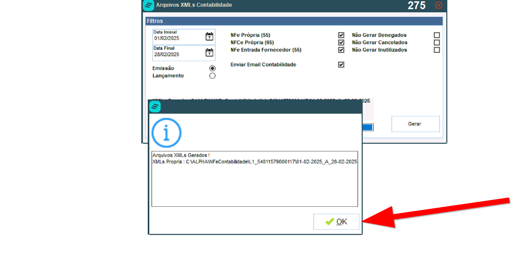 Confirmação da geração dos arquivos