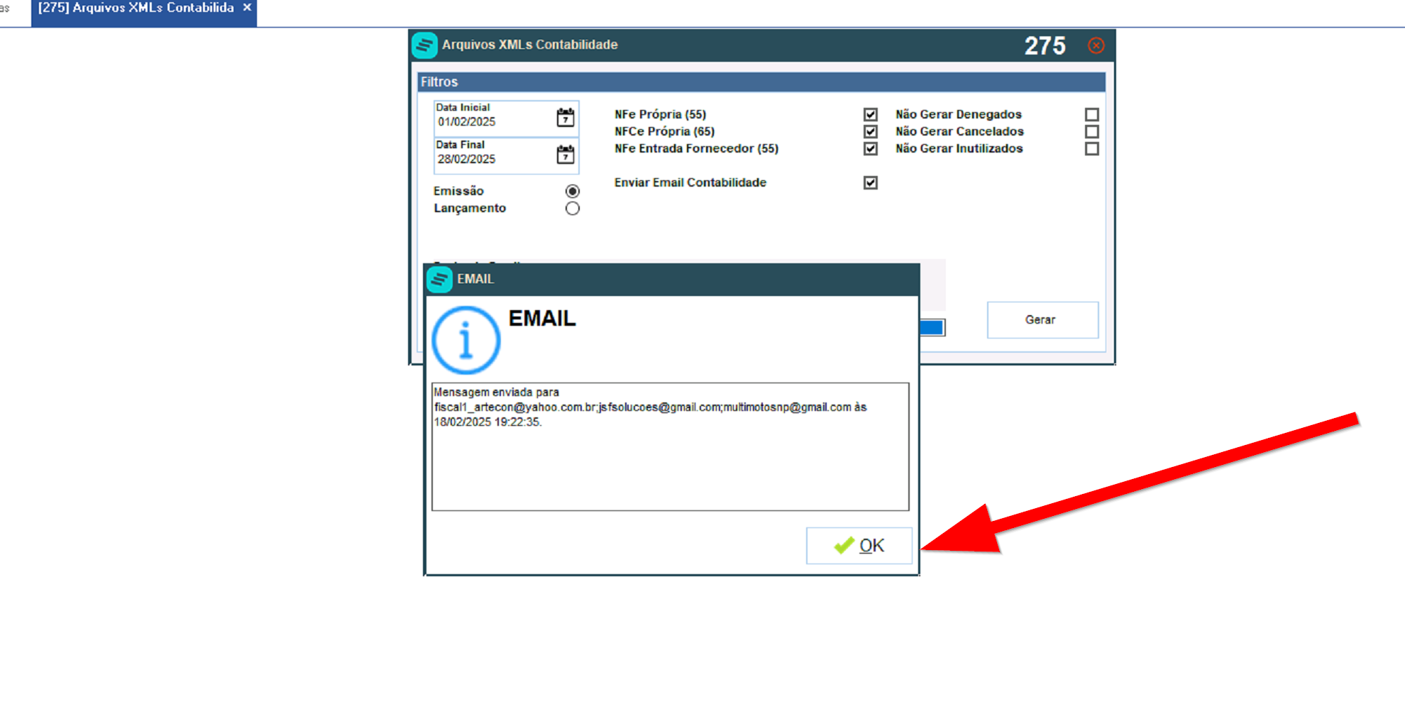 Confirmação do envio por e-mail